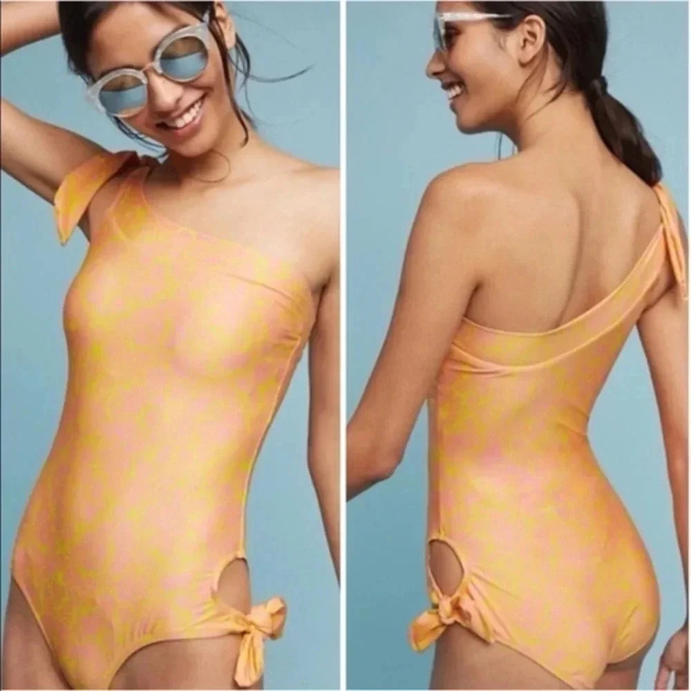 Anthropologie Allihop One Piece One Shoulder Swimsuit Pink Yellow Floral Size M